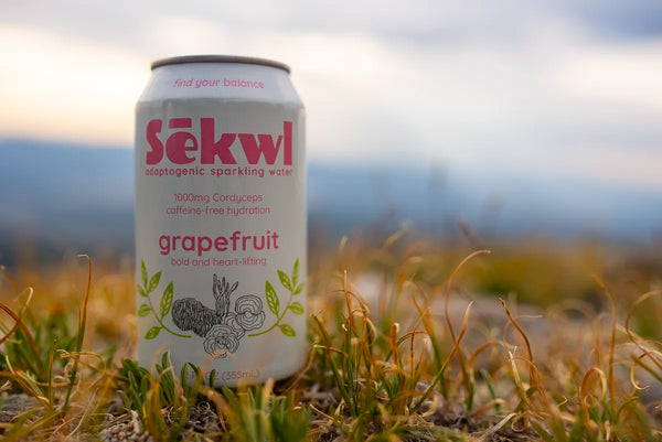 Grapefruit adaptogenic sparkling seltzer with Cordyceps functional mushrooms from Sēkwl Beverage House