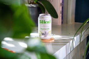 Functional mushroom-infused non-alcoholic sparkling seltzer from Sēkwl Beverage House enjoyed during a Dry January wellness ritual