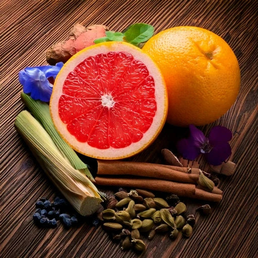Fruits and spices on a wooden surface